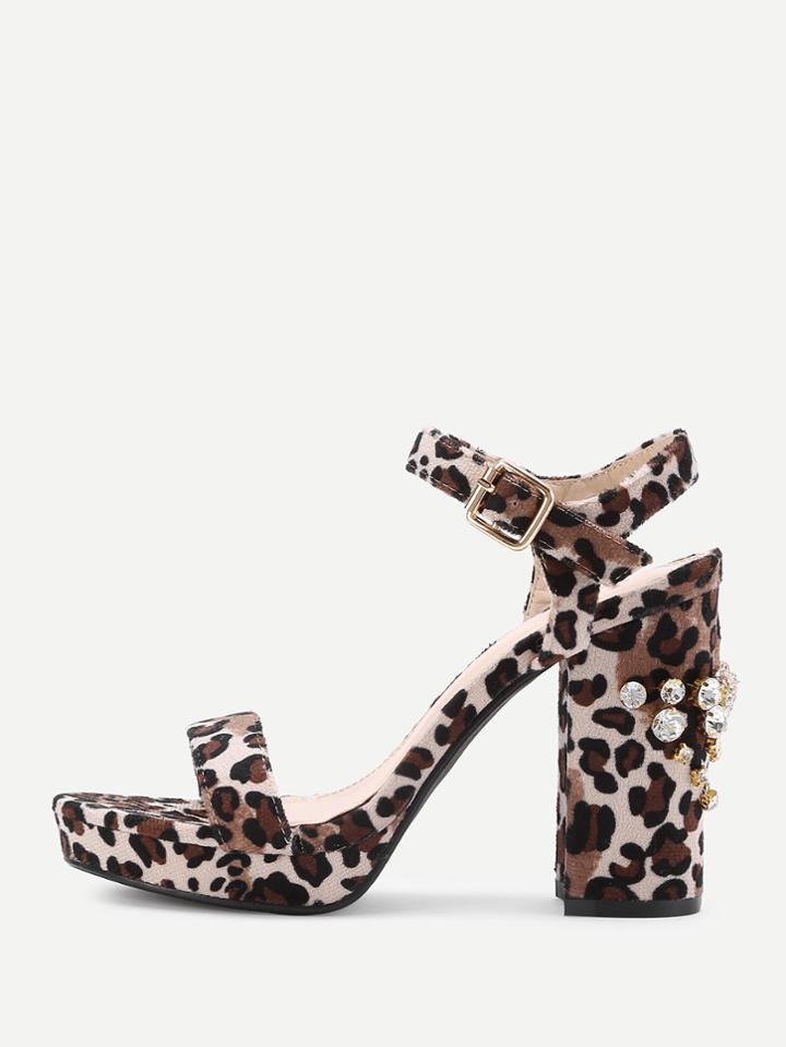 Shein Rhinestone Two Part Block Heeled Leopard Sandals
