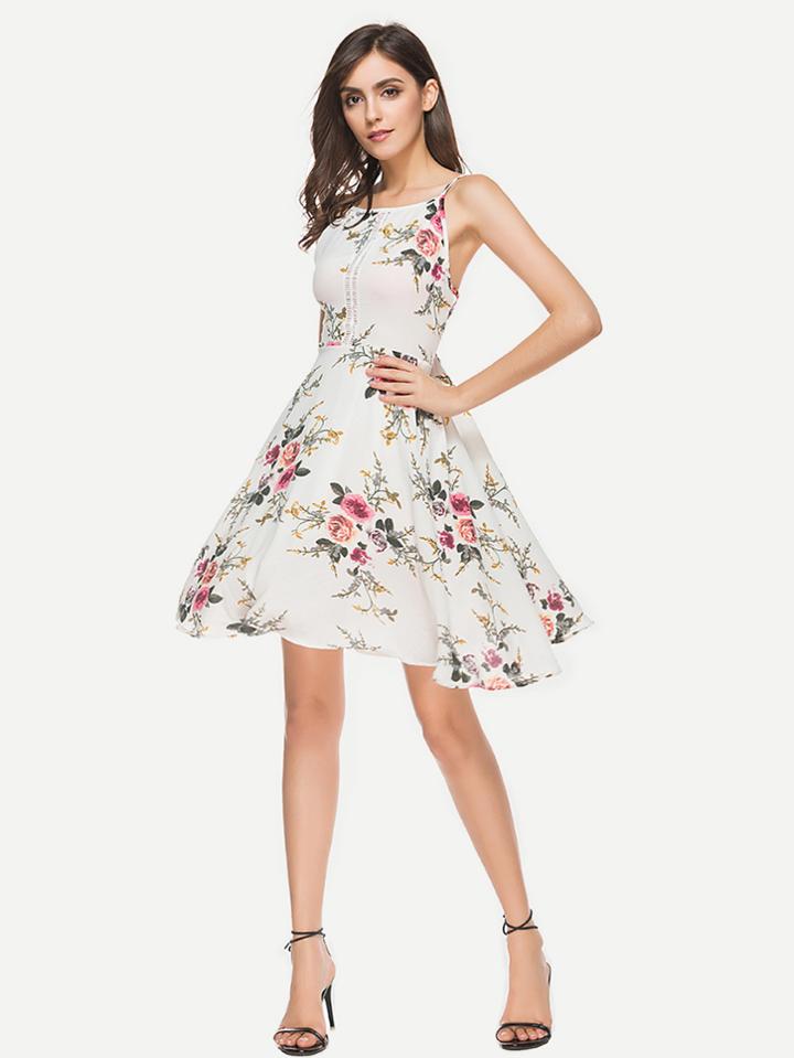 Shein Random Florals Hollow Lace Panel Swing Dress