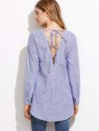 Shein Blue Vertical Striped Lace Up V Back High Low Blouse