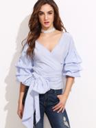 Shein Pinstripe Exaggerated Sleeve Blouse With Bow Tie