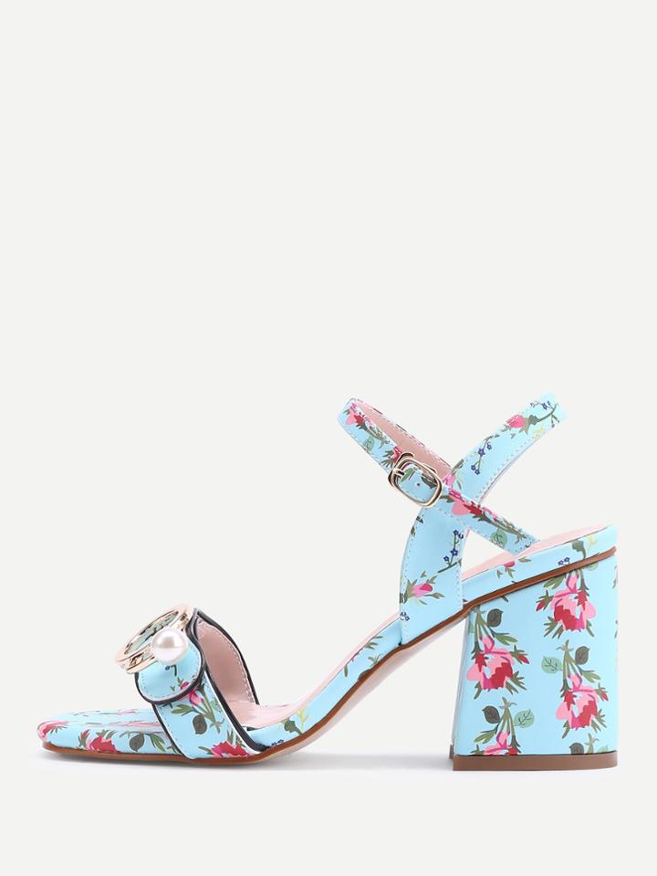 Shein Calico Print Buckle Block Heel Sandals