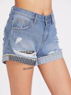 Shein Fishnet Lined Cuffed Distressed Denim Shorts