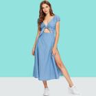 Shein Tie Neck Split Side Button Denim Dress