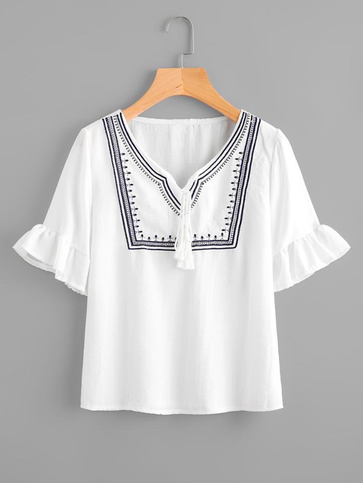 Shein Tassel Tie Neck Frill Cuff Embroidery Blouse