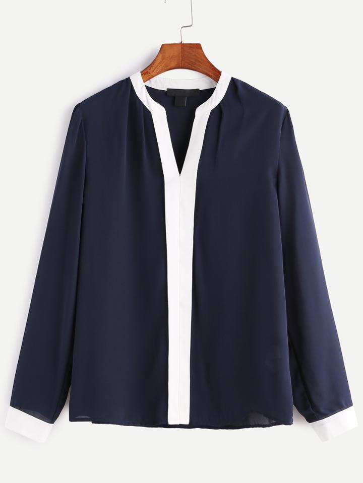 Shein Navy V Neck Contrast Trim Chiffon Blouse