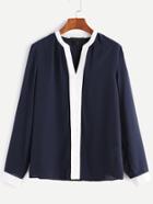 Shein Navy V Neck Contrast Trim Chiffon Blouse