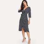 Shein Surplice Wrap Tie Waist Dot Print Dress