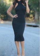 Rosewe Turtleneck Black Sleeveless Cutout Design Bodycon Dress