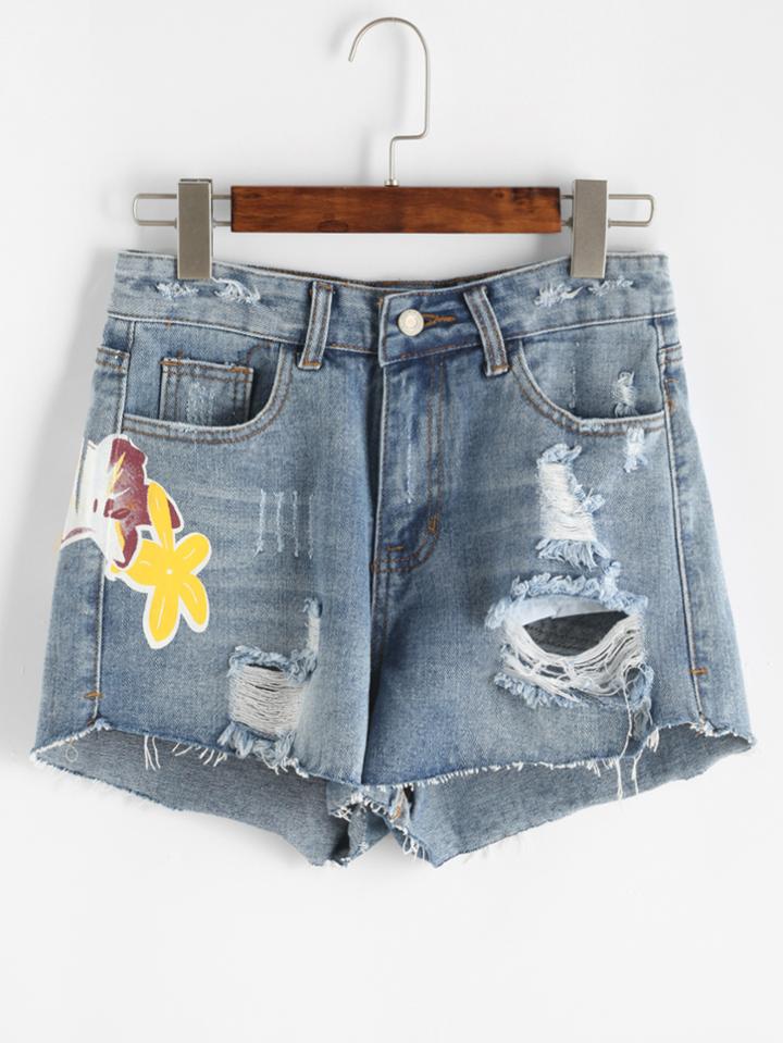 Shein Light Blue Printed Ripped Raw Hem Denim Shorts