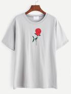 Shein Grey Rose Embroidered T-shirt