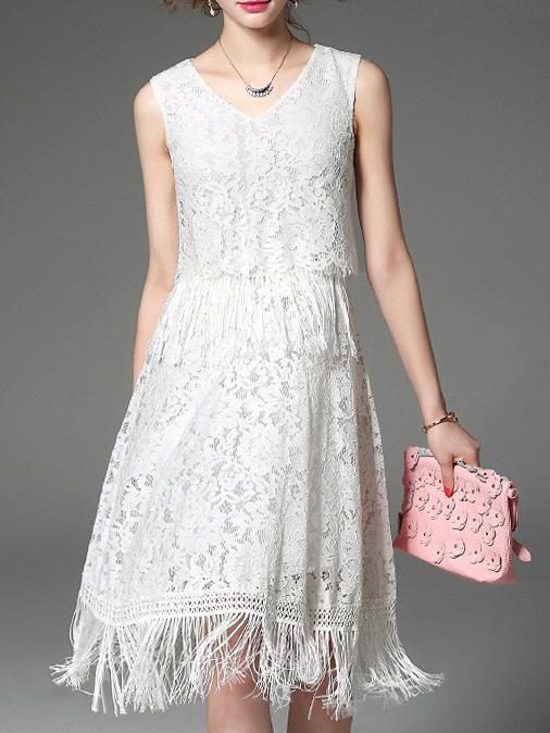 Shein White V Neck Fringe Cropped Lace Dress