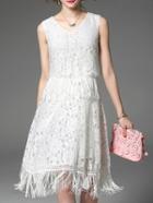 Shein White V Neck Fringe Cropped Lace Dress