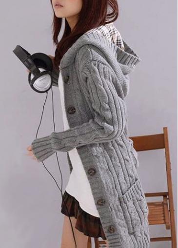 Rosewe Button Closure Hooded Collar Grey Sweater