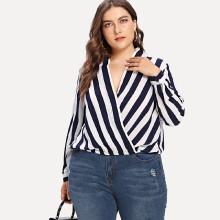 Shein Plus Roll Tab Sleeve Surplice Wrap Striped Top