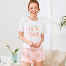 Shein Fruit Print Lettuce Edge Tee And Shorts Pj Set
