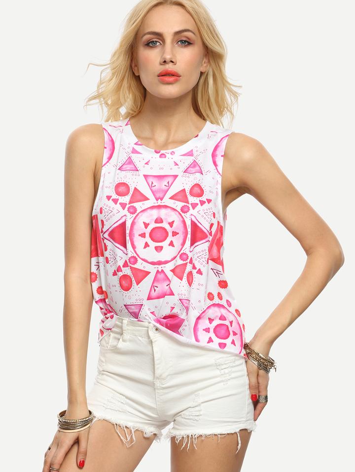 Shein Pink In White Geometric Print Crop Top