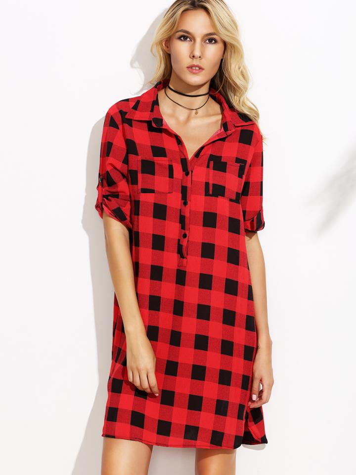 Shein Red Plaid Dip Hem Roll Tab Sleeve Shirt Dress
