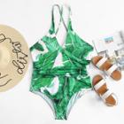 Shein Plus Jungle Leaf Print Crisscross Back Swimsuit