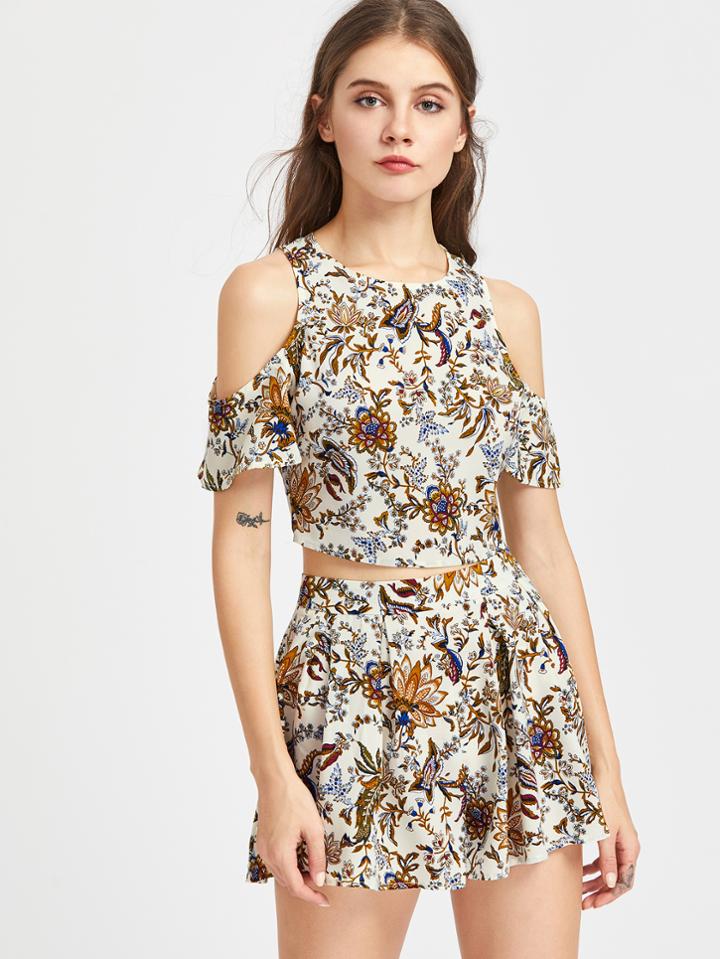 Shein Self Tie Open Back Floral Top And Box Pleated Shorts Set