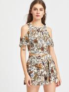 Shein Self Tie Open Back Floral Top And Box Pleated Shorts Set