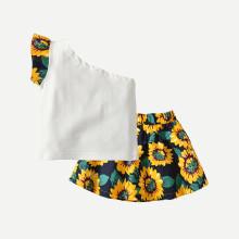 Shein Girls One Shoulder Top And Sunflower Print Skirt
