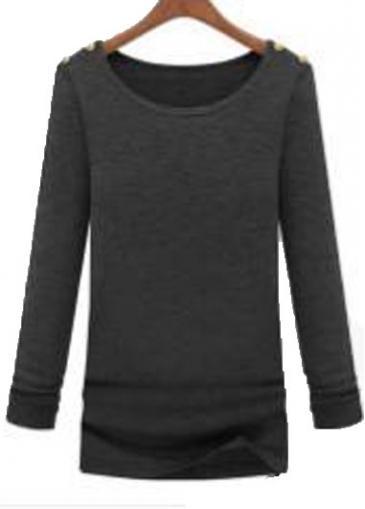 Rosewe Laconic Dark Grey Long Sleeve Round Neck Woman T Shirt