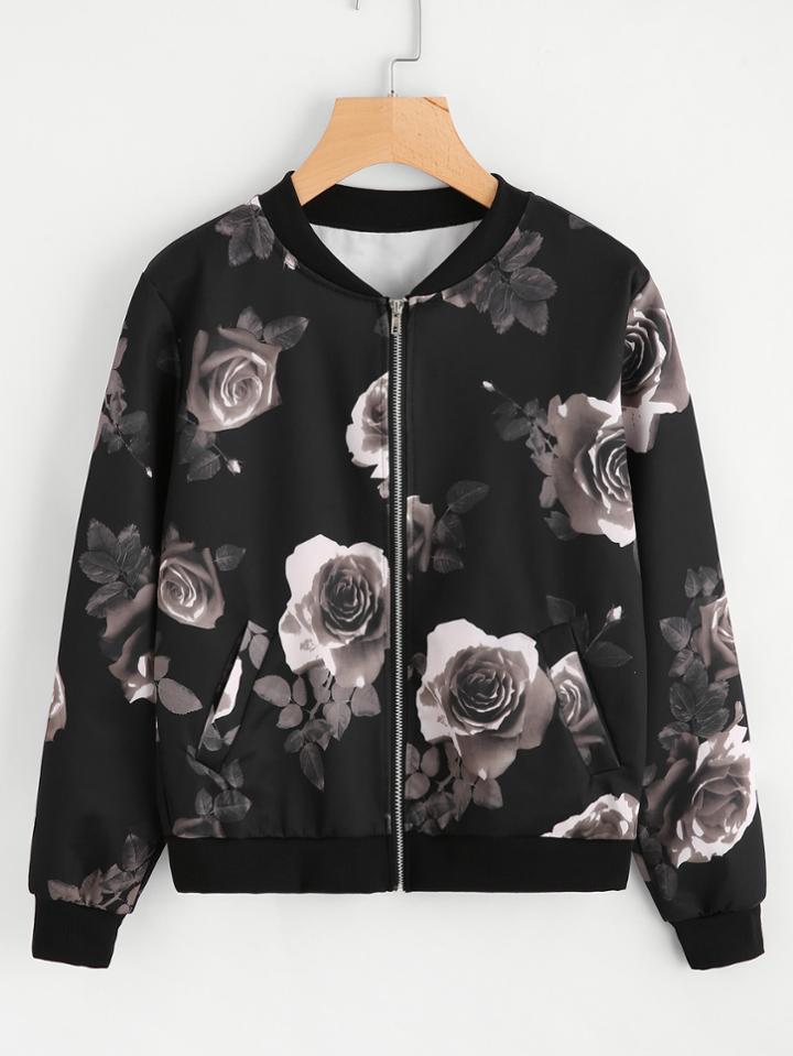 Shein Random Floral Print Ribbed Trim Jacket