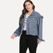 Shein Plus Raw Hem Ruffle Faded Denim Jacket