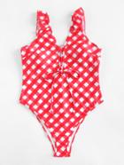 Shein Gingham Self Tie Ruffle Back High Leg Swimsuit