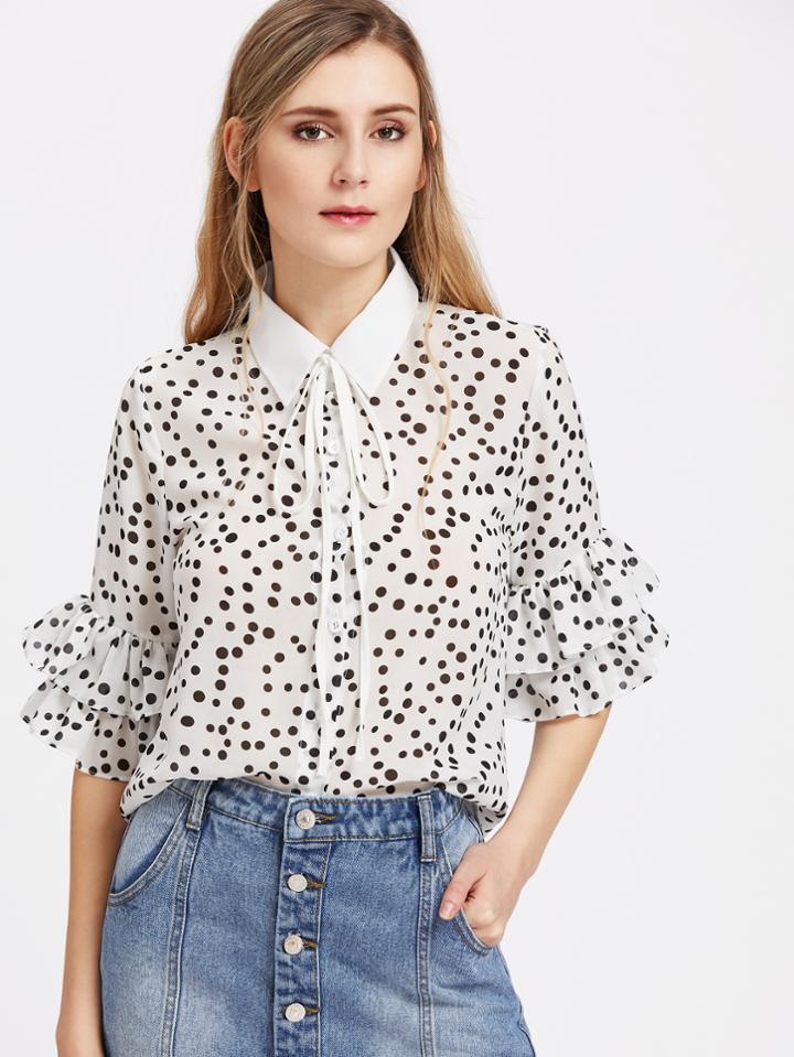 Shein Polka Dot Print Tie Neck Layered Ruffle Sleeve Blouse