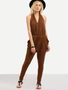 Shein Brown Halter Pocket Pleated Jumpsuit