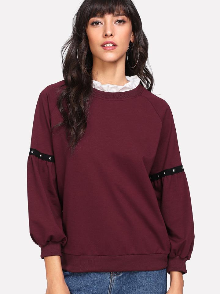 Shein Raglan Sleeve Ruffle Contrast Collar Beaded Sweatshirt