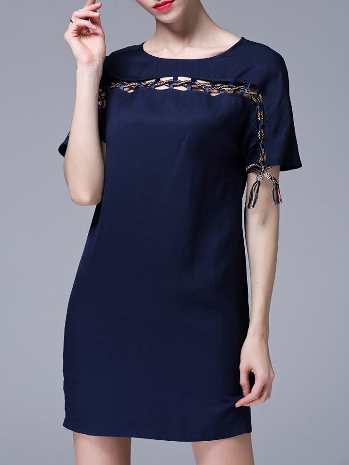 Shein Navy Crew Neck Hollow Fringe Dress