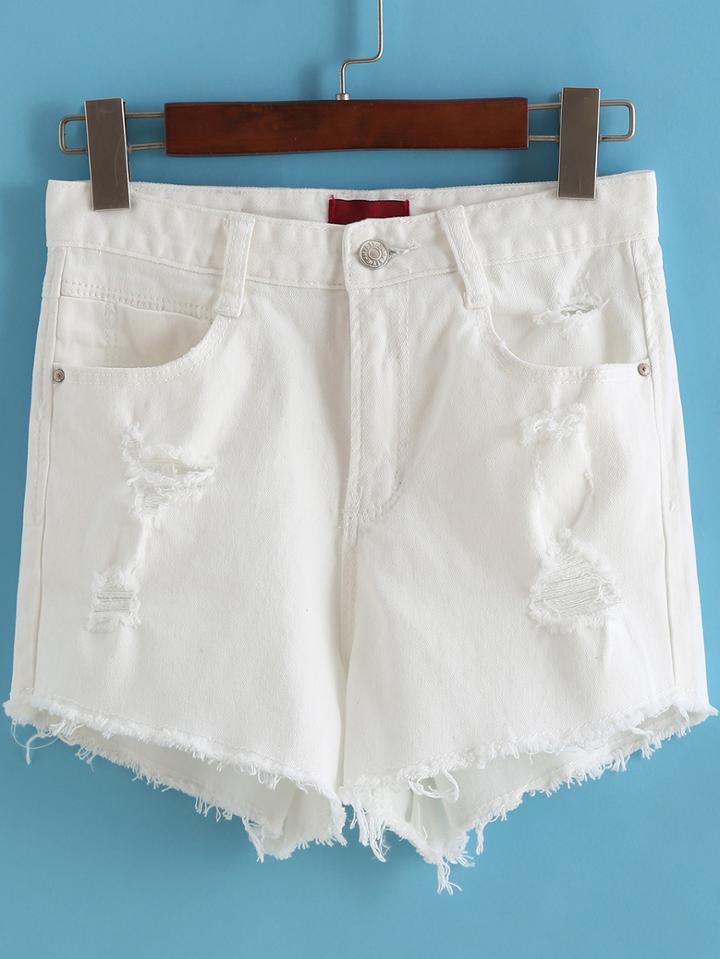 Shein White High Waist Ripped Denim Shorts