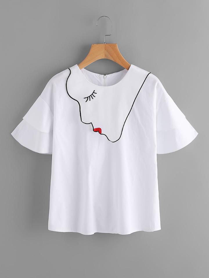Shein Layered Bell Sleeve Face Embroidery Top