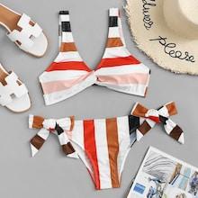 Shein Plus Random Striped Tie Side Bikini Set