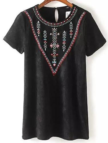 Shein Black Embroidery Key-hole Back Blouse