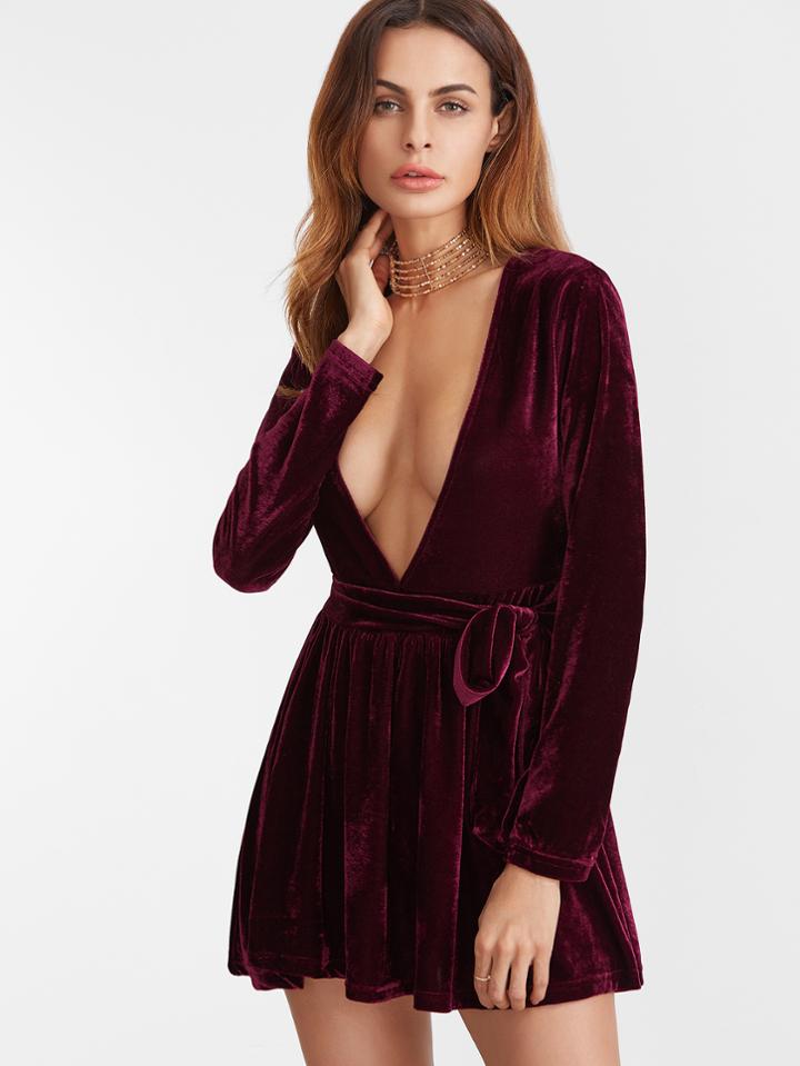Shein Burgundy Deep V Neck Velvet Dress With Belt