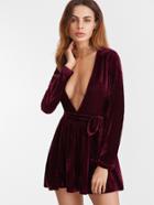 Shein Burgundy Deep V Neck Velvet Dress With Belt
