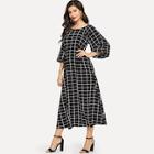 Shein Lantern Sleeve Fit And Flare Grid Dress