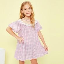 Shein Girls Mesh Yoke Lace Trim Keyhole Back Dress