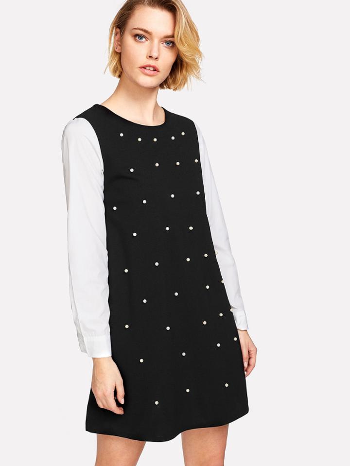 Shein Contrast Sleeve Pearl Beading Dress