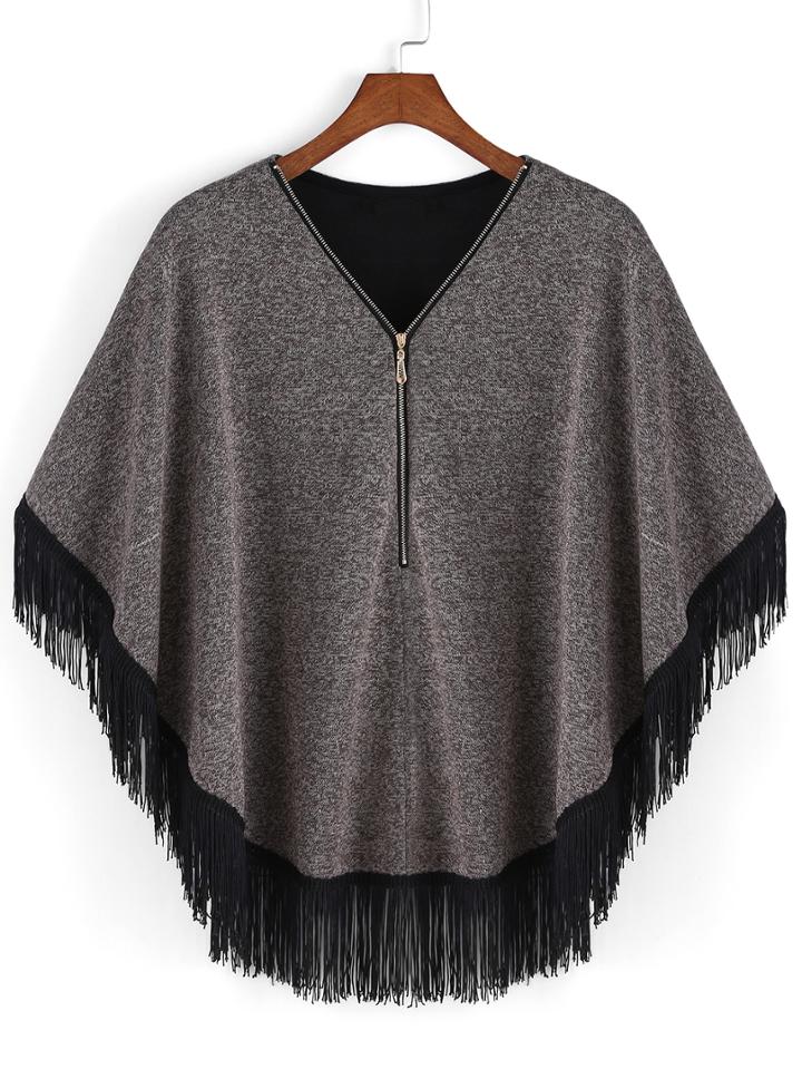 Shein Grey V Neck Zipper Tassel Batwing Cape