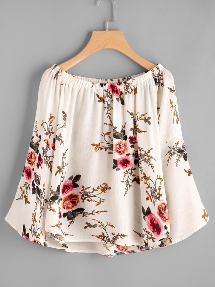 Shein Boat Neckline Floral Print Dip Hem Top