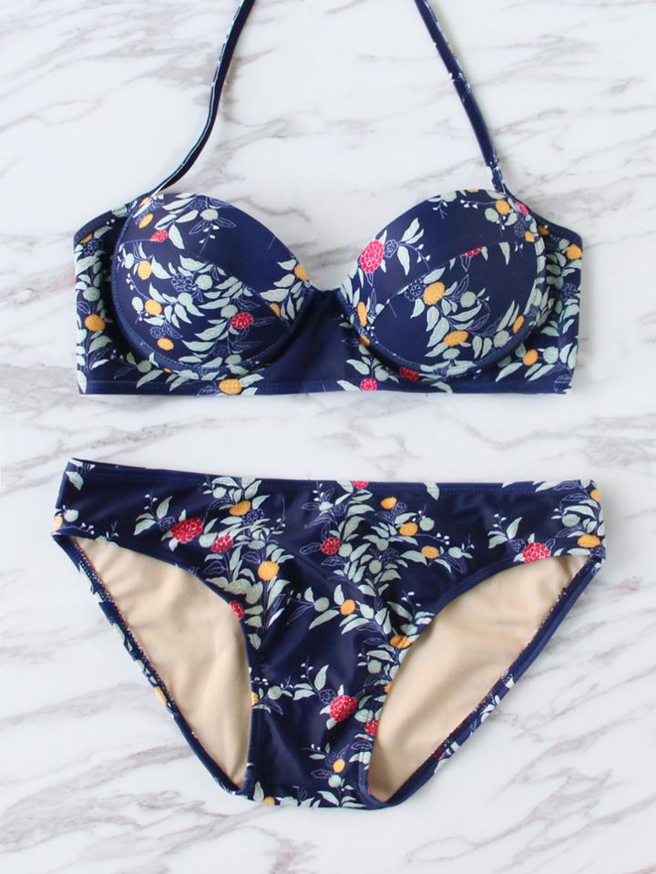 Shein Navy Floral Print Bustier Bikini Set