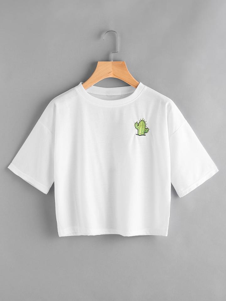 Shein Cactus Embroidered Slogan Print Back Tee