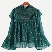 Shein Ruffle Trim Flounce Sleeve Shirred Blouse