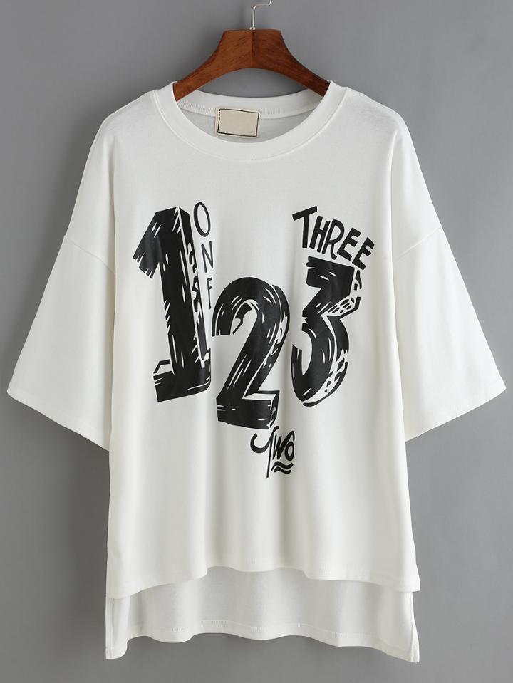 Shein White Crew Neck Digital Print Dip Hem T-shirt