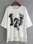 Shein White Crew Neck Digital Print Dip Hem T-shirt