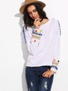 Shein White Pom Pom Trim Long Sleeve T-shirt